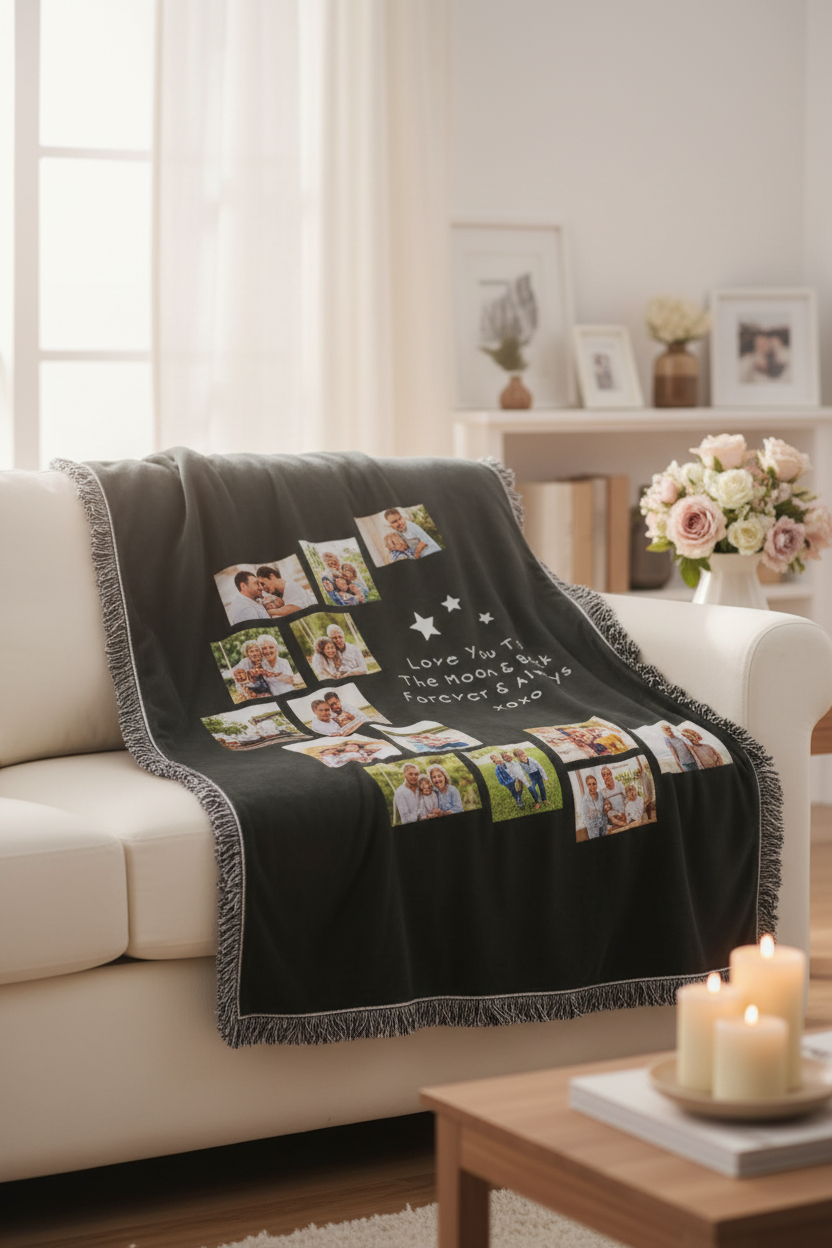 Love You To The Moon & Back blanket with photos