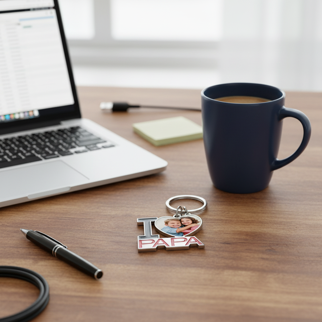 Papa keychain on desk