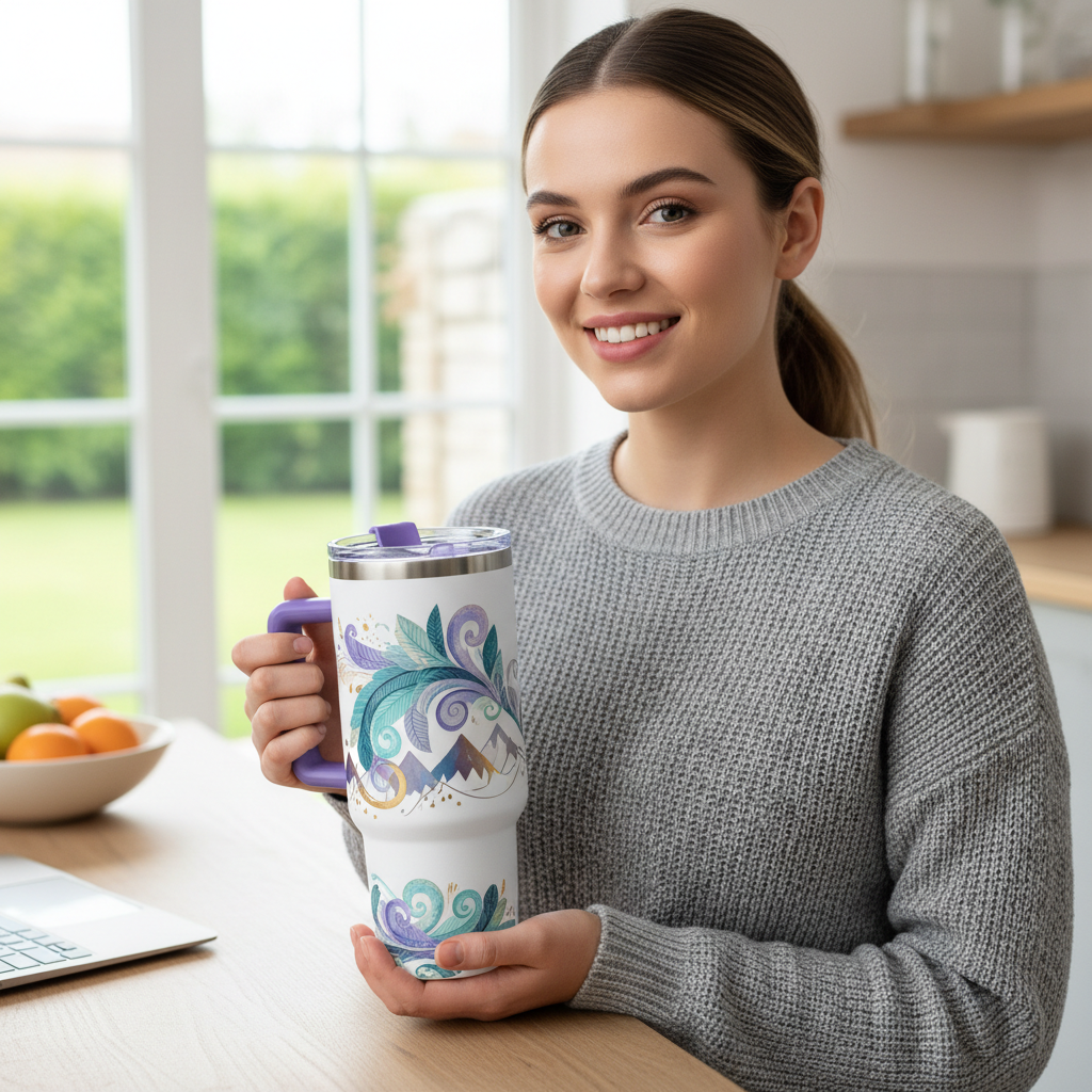 40oz tumbler lifestyle - purple handle