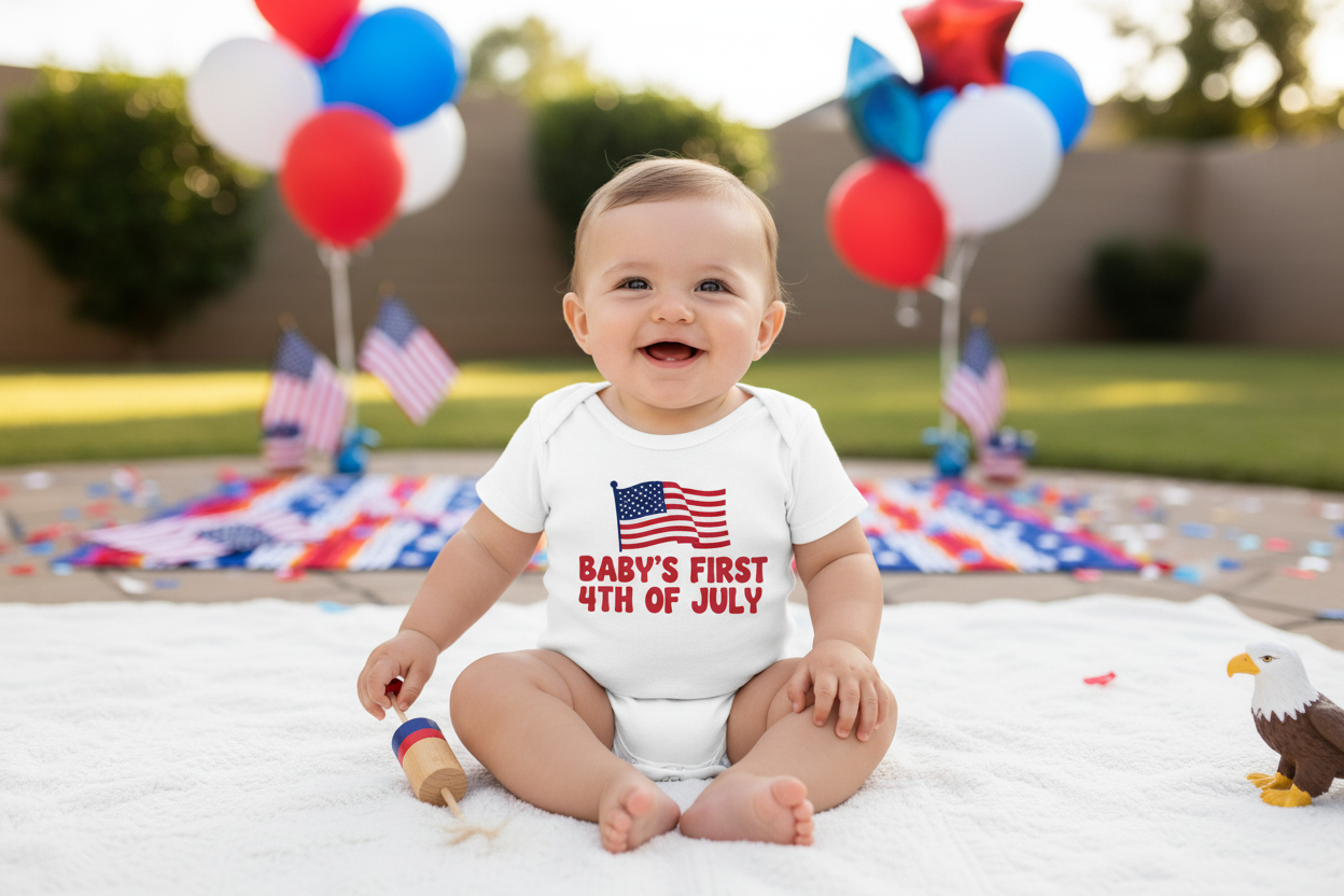 Baby wearing 4th of July onesie
