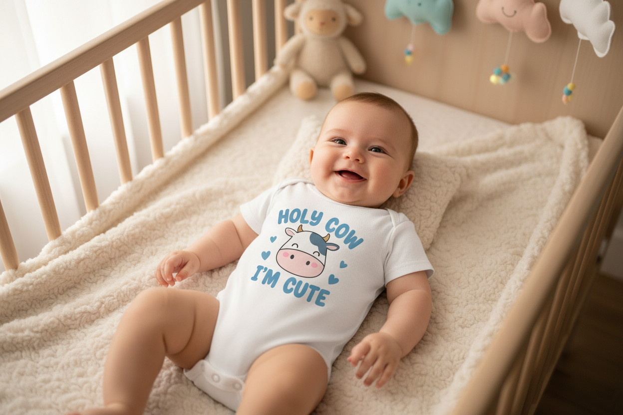 Baby wearing Holy Cow onesie