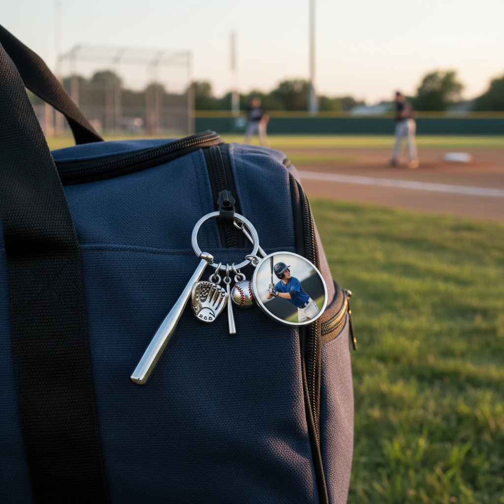 Baseball keychain on bag