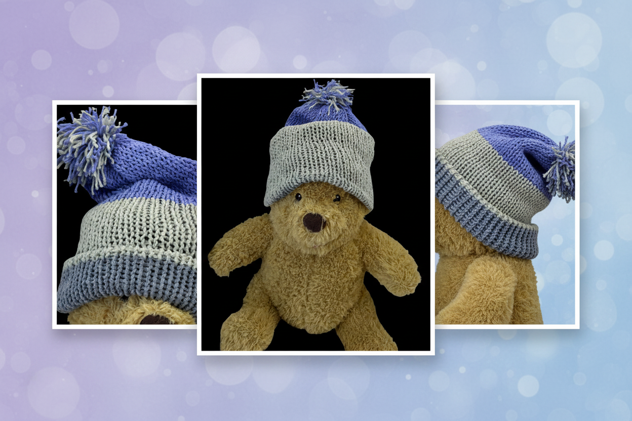 Blues and greys beanie with pompom collage