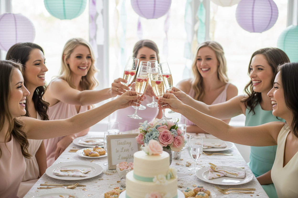 Bridal shower with engraved champagne flutes