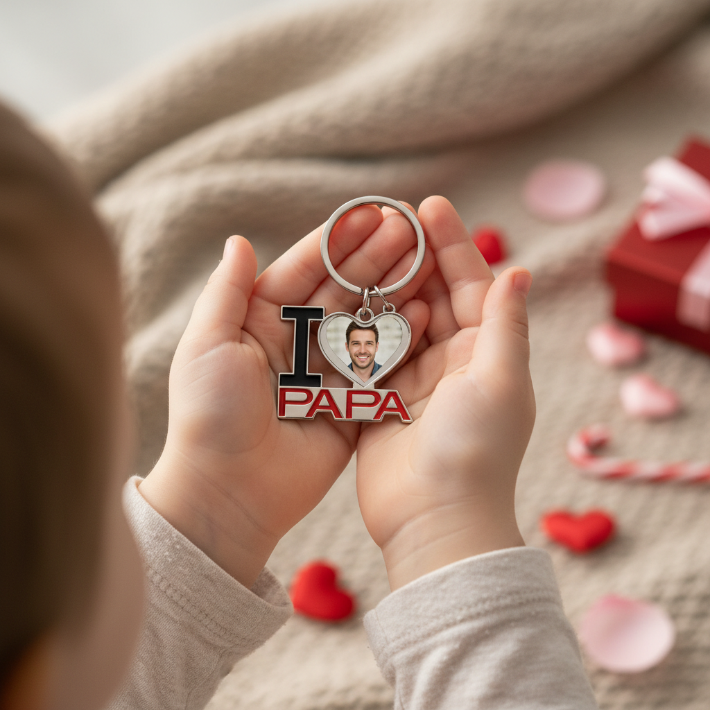 Child holding Papa keychain