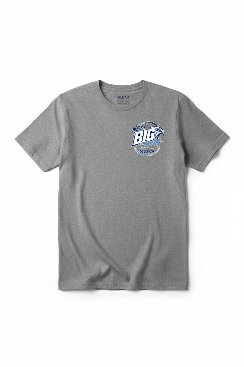 DECA Gray Tee Front Mockup - Small Chest Logo
