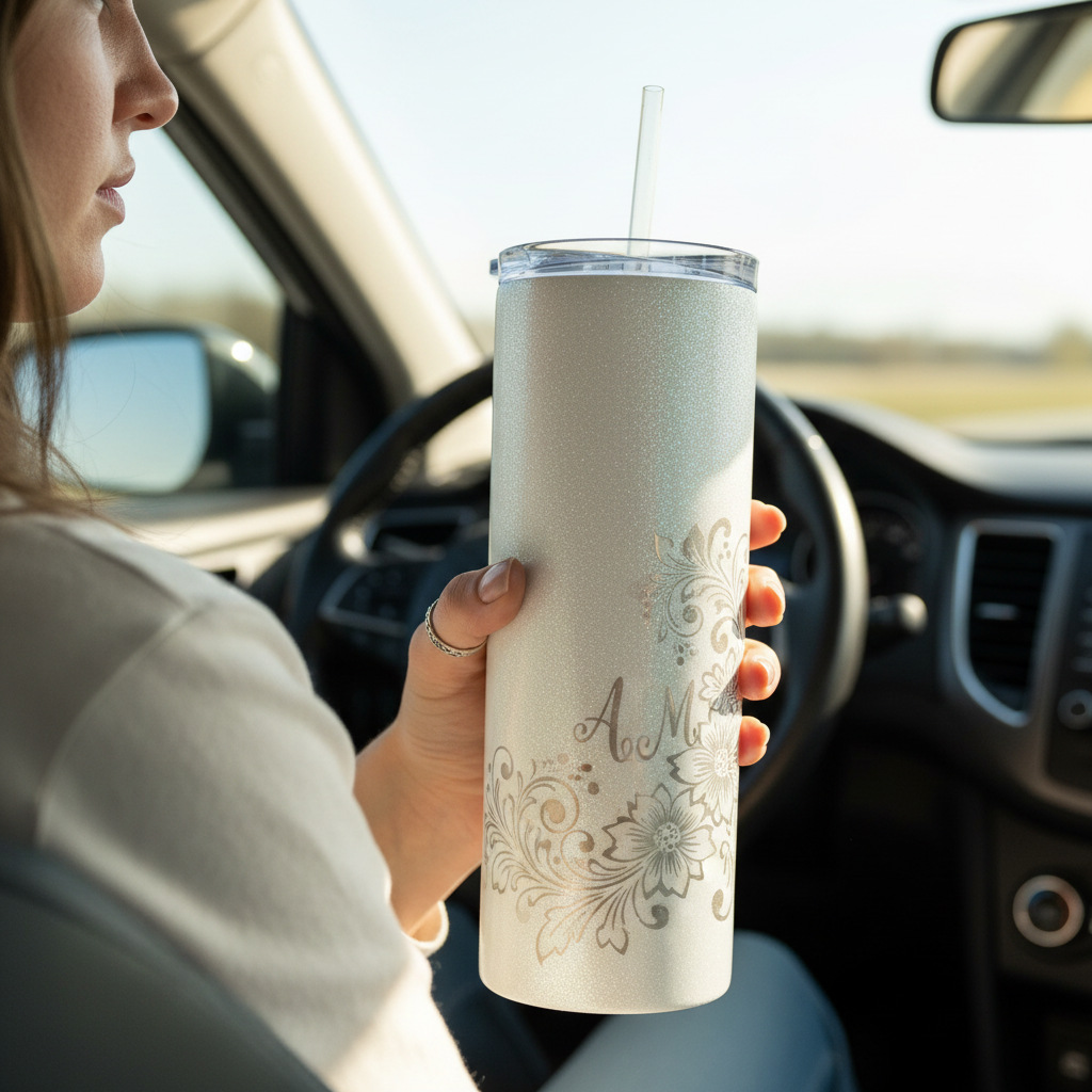 Engraved glitter tumbler in hand