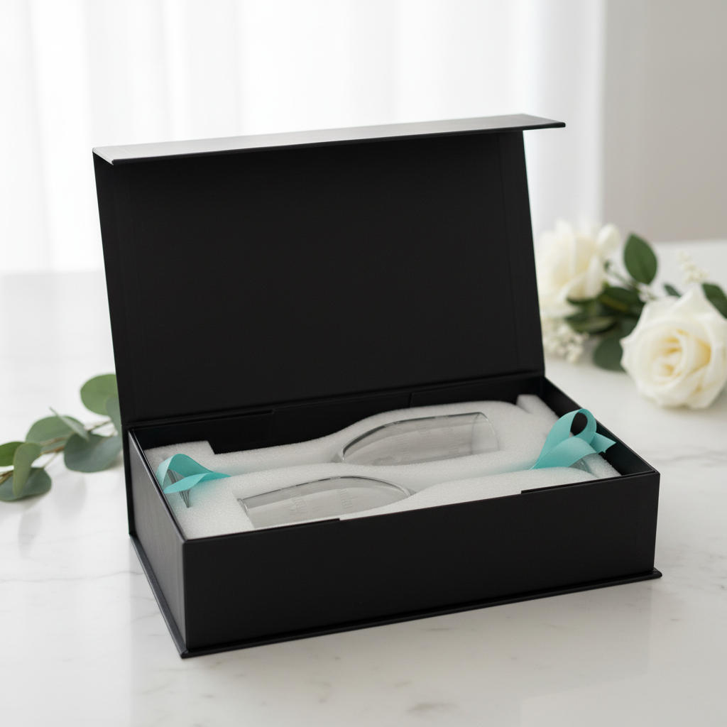 Enhanced champagne glasses in magnetic lift-top gift box