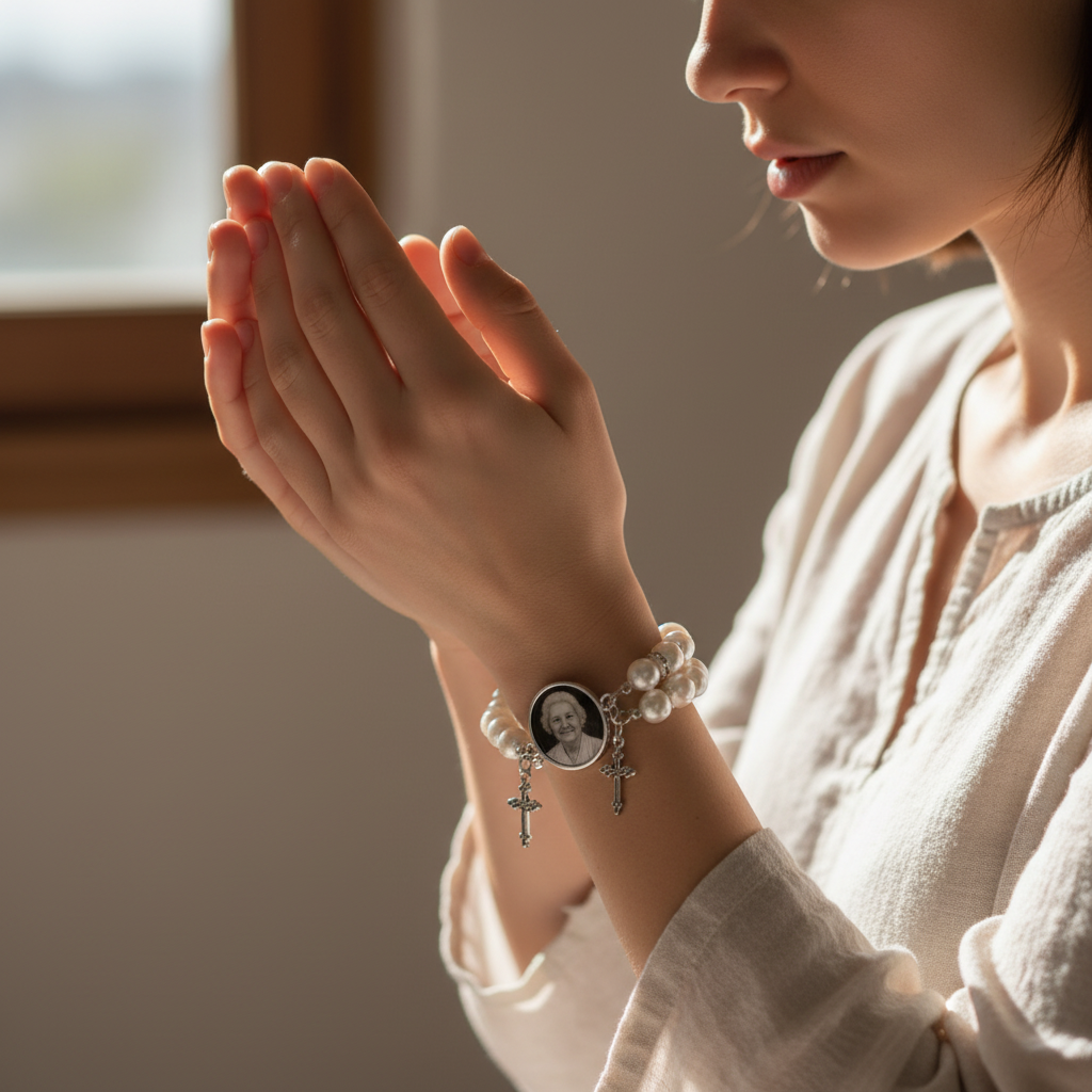 Hands holding prayer bracelet