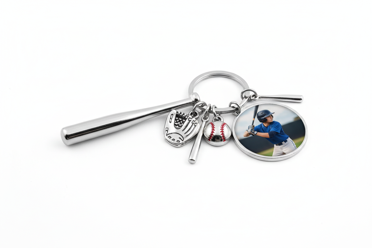 Baseball Keychain with Custom Photo Mockup an example of a perfect gift to commemorate your child's time in sports or a favorite player! Choose from baseball and hockey in this style