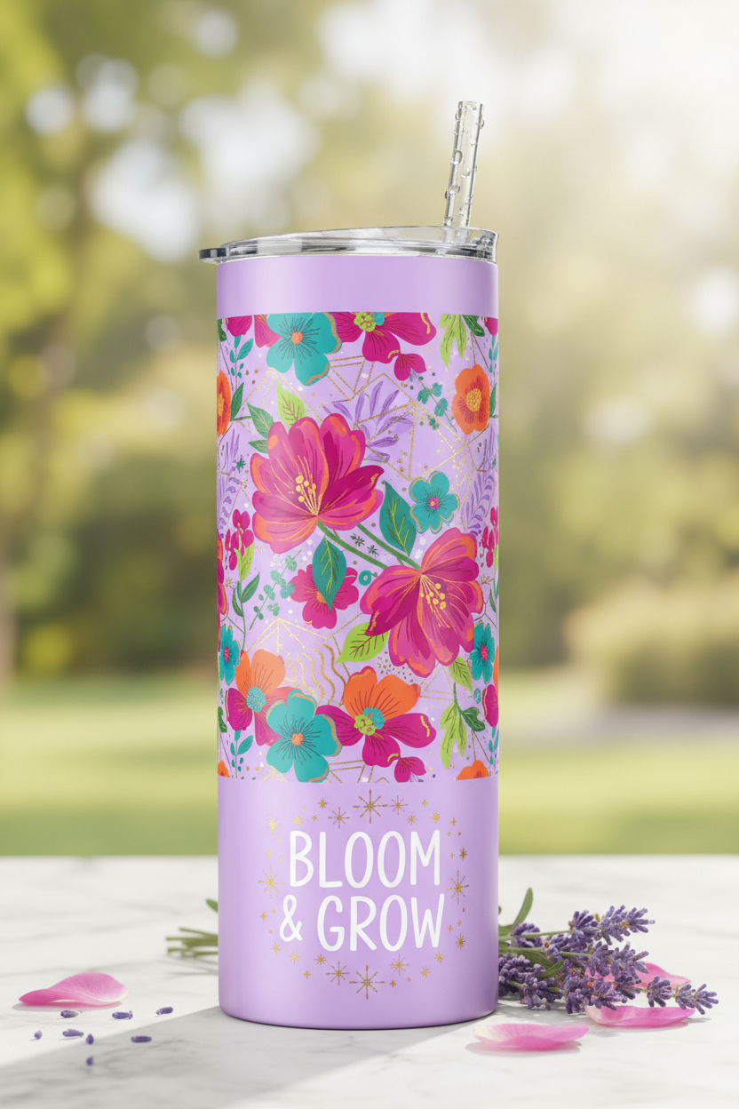 Lavender Purple Tumbler with Design and Plastic Straw