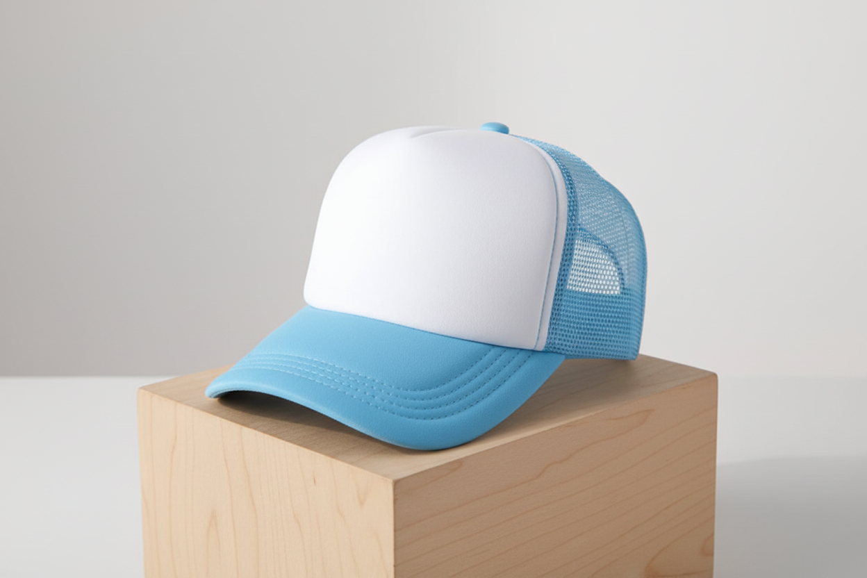 Light blue trucker hat with light blue mesh