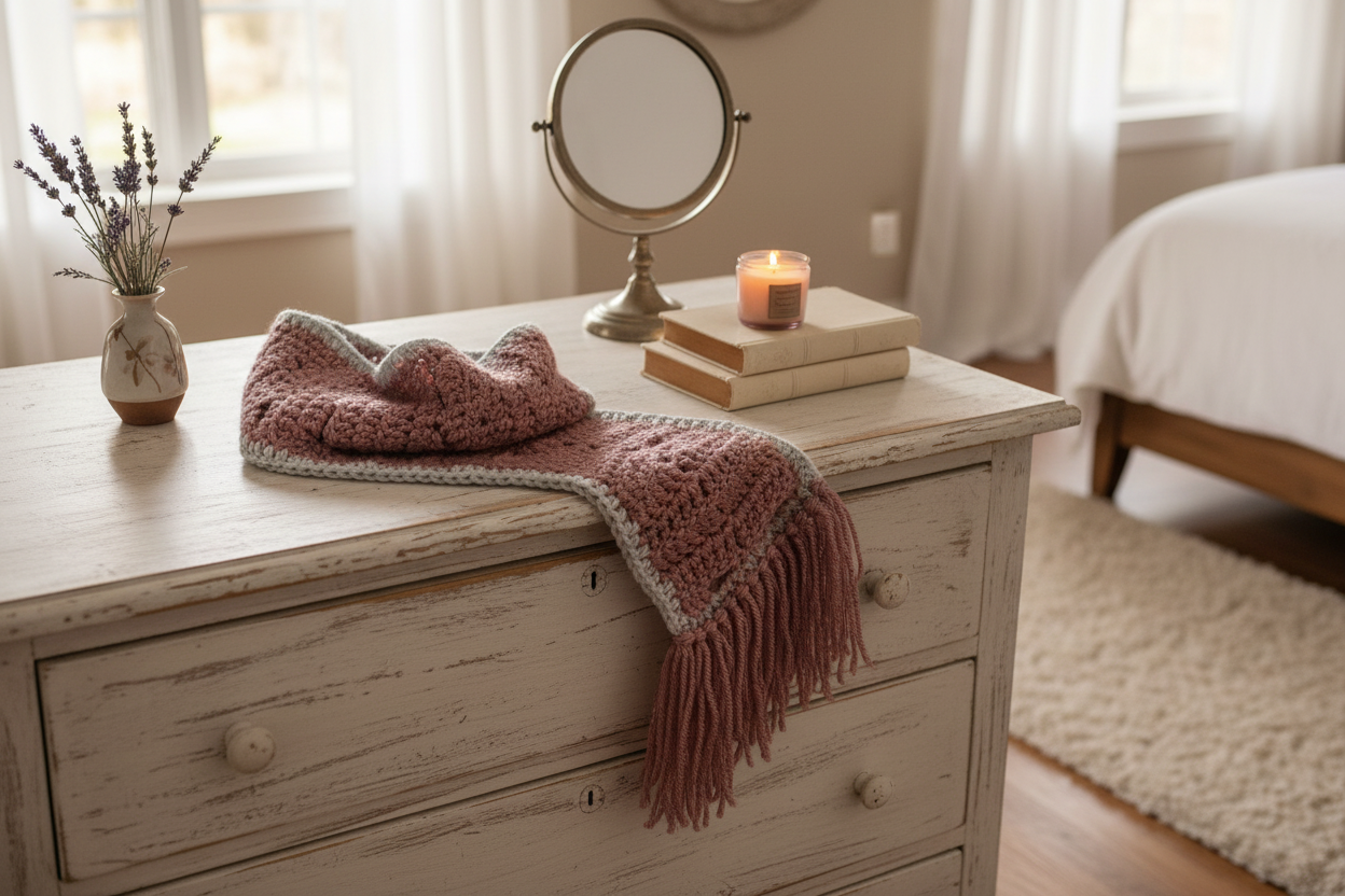 Mauve dragonfly scarf on dresser