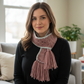 Mauve dragonfly scarf with tassels being worn