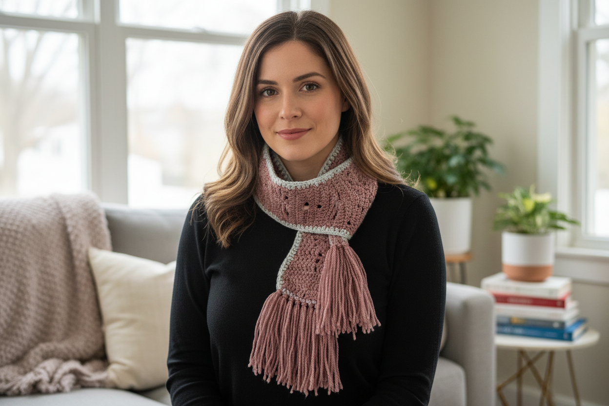 Mauve dragonfly scarf with tassels being worn