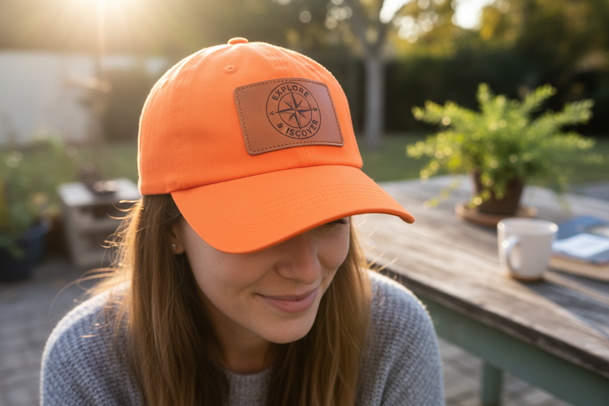 Orange hat with patch being worn
