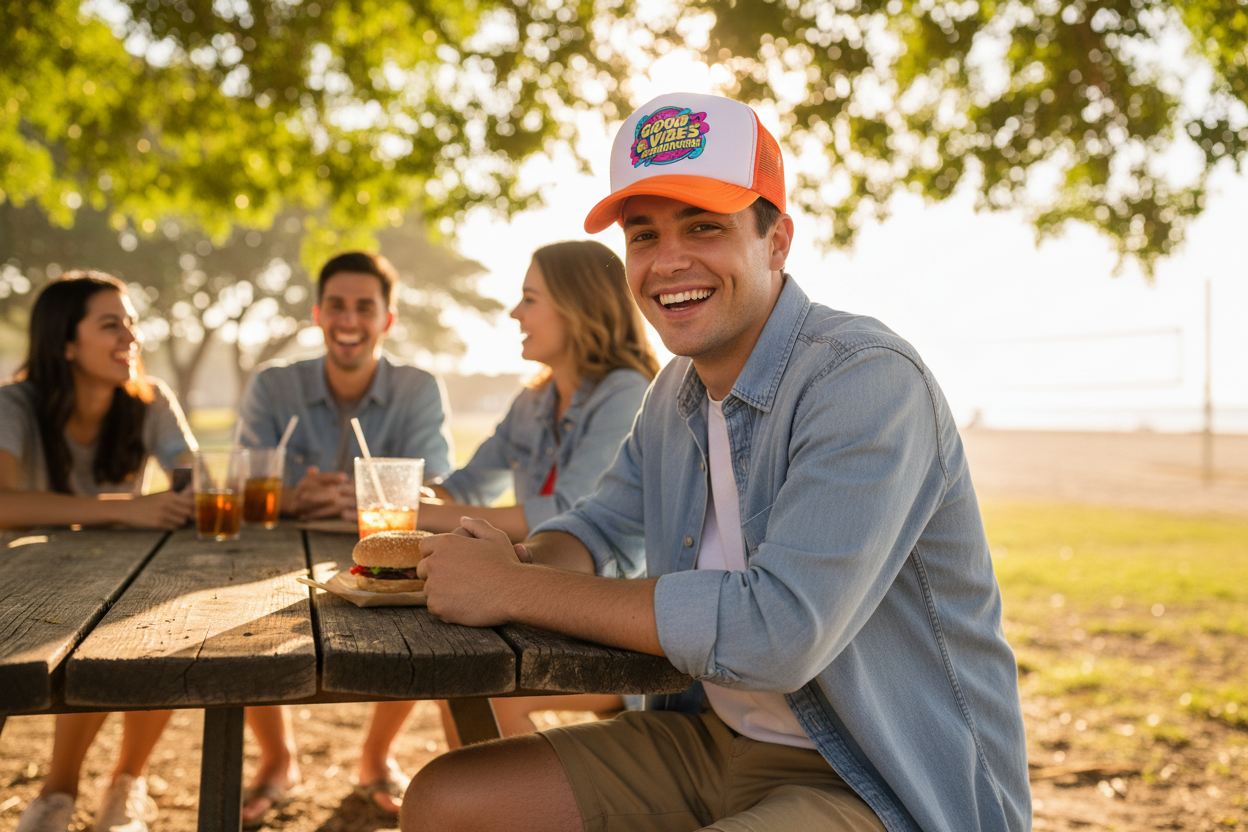 Orange trucker hat with DTF design being worn