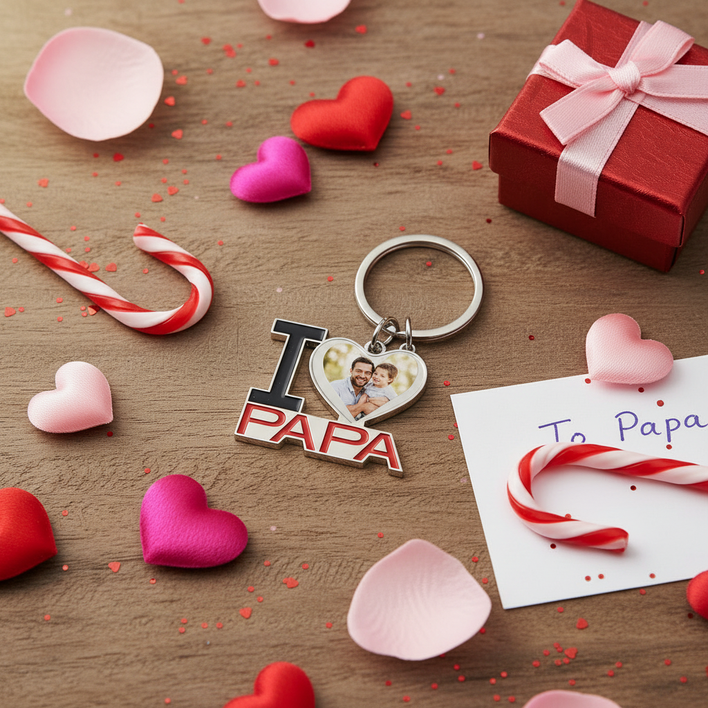 Papa keychain on table with Valentine's decor
