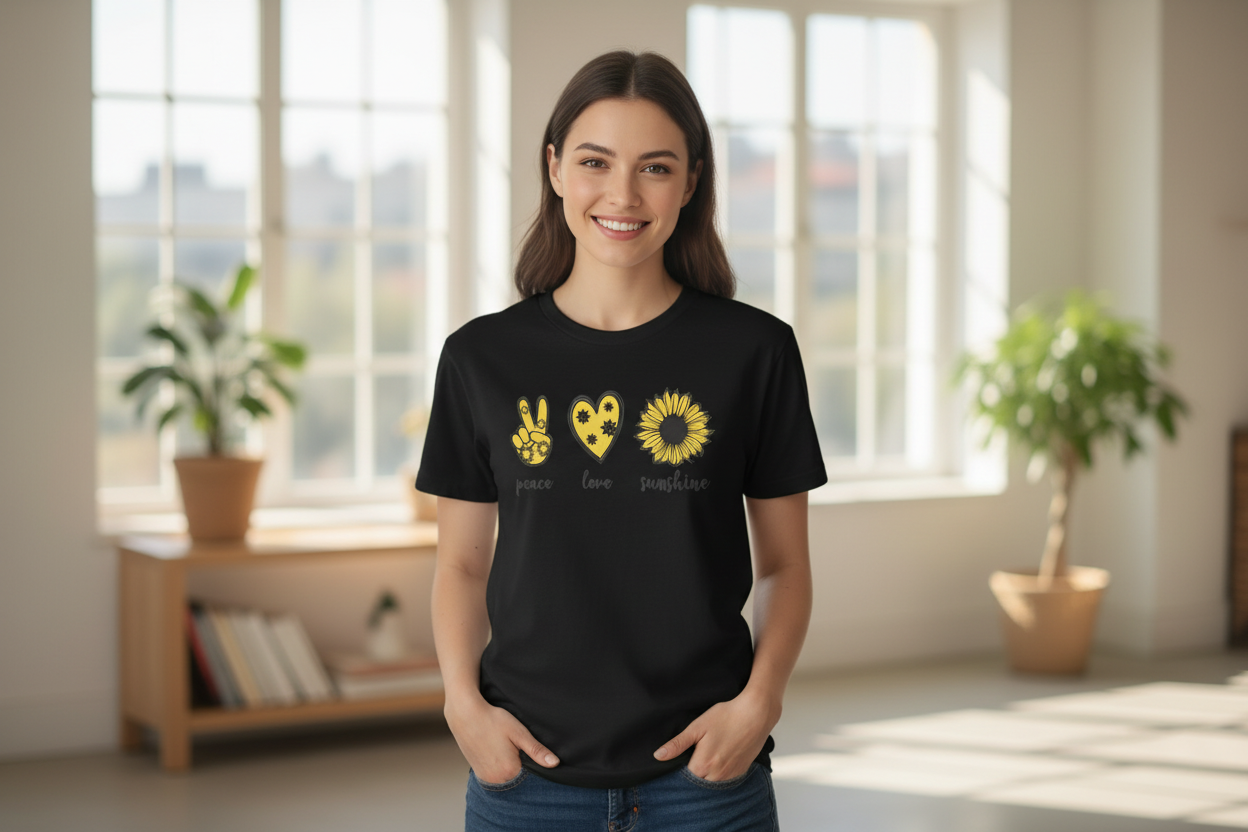 Peace Love Sunshine black t-shirt