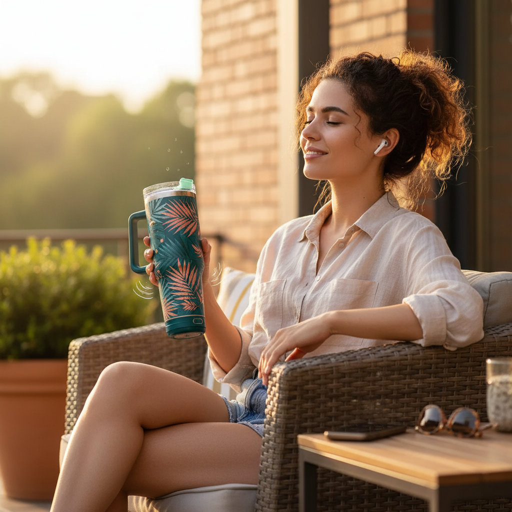 Person Using Bluetooth Speaker Tumbler
