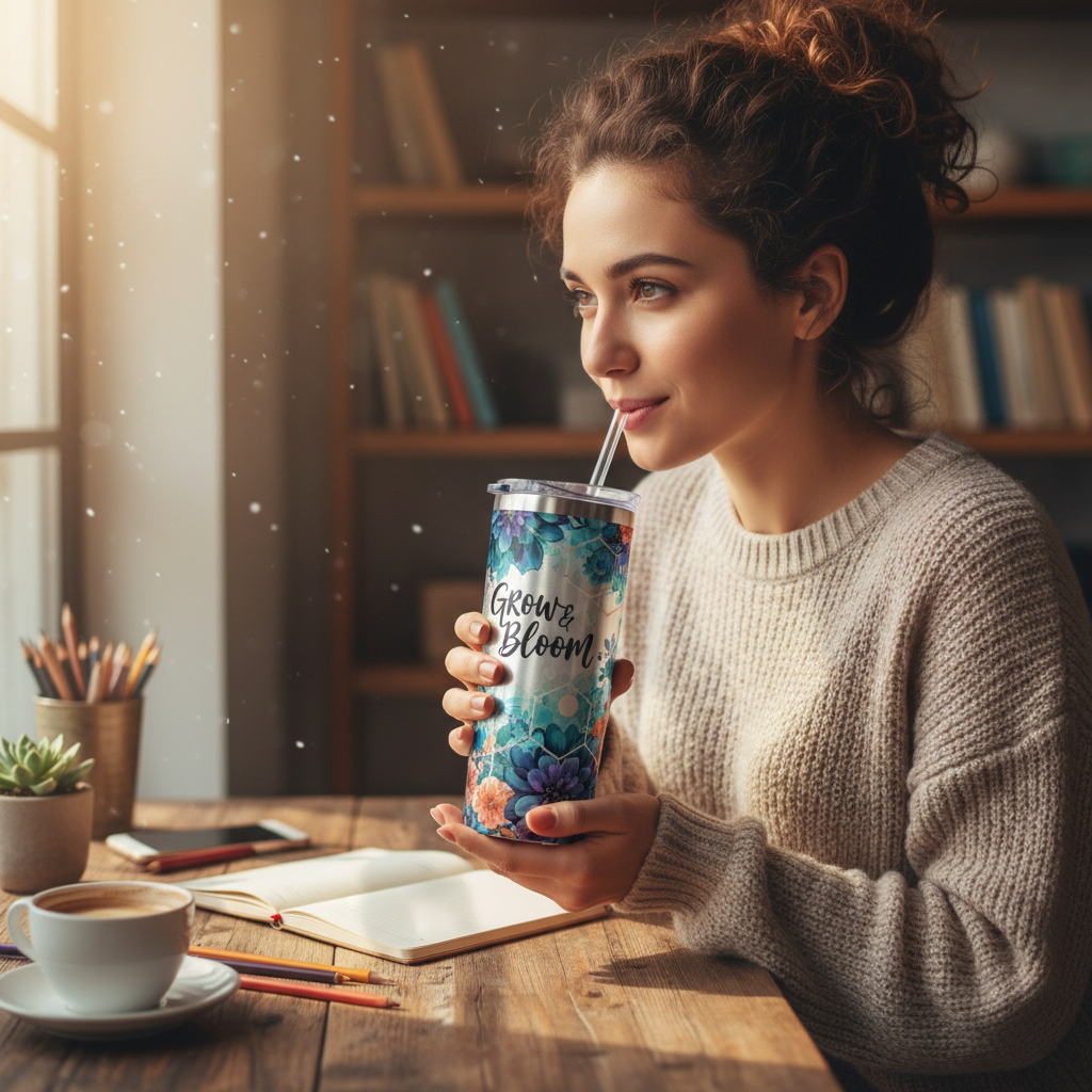Person Using Silver 20oz Tumbler with Custom Design