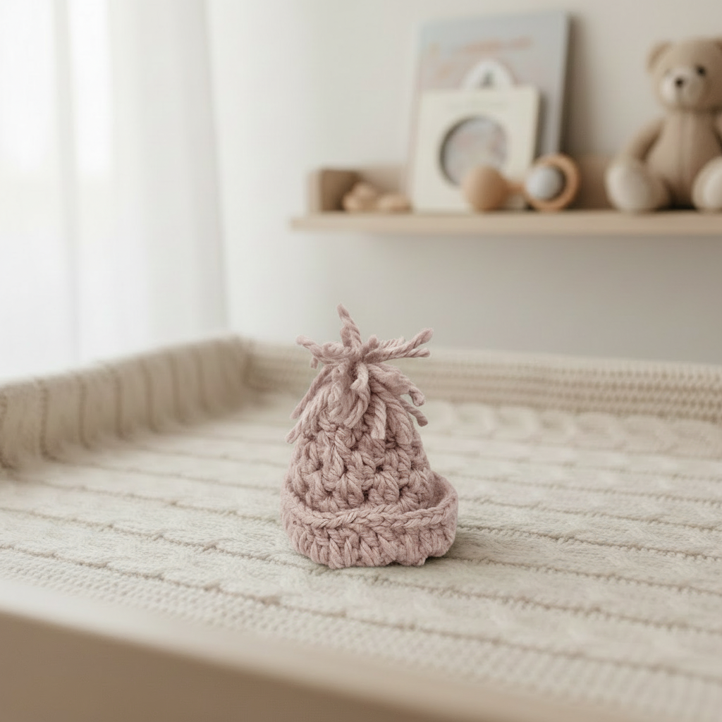 Pink baby beanie in nursery
