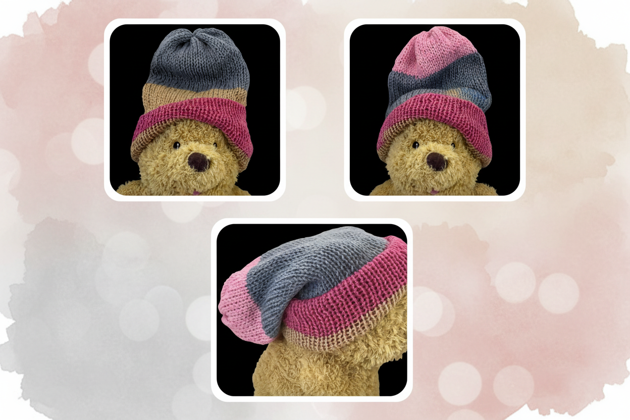 Pink grey tan reversible beanie collage