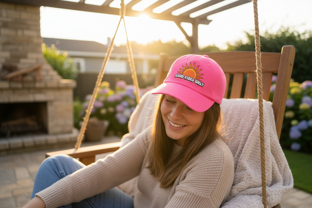 Pink hat with DTF design being worn