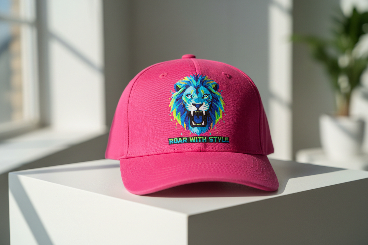 Pink hat with DTF design styled