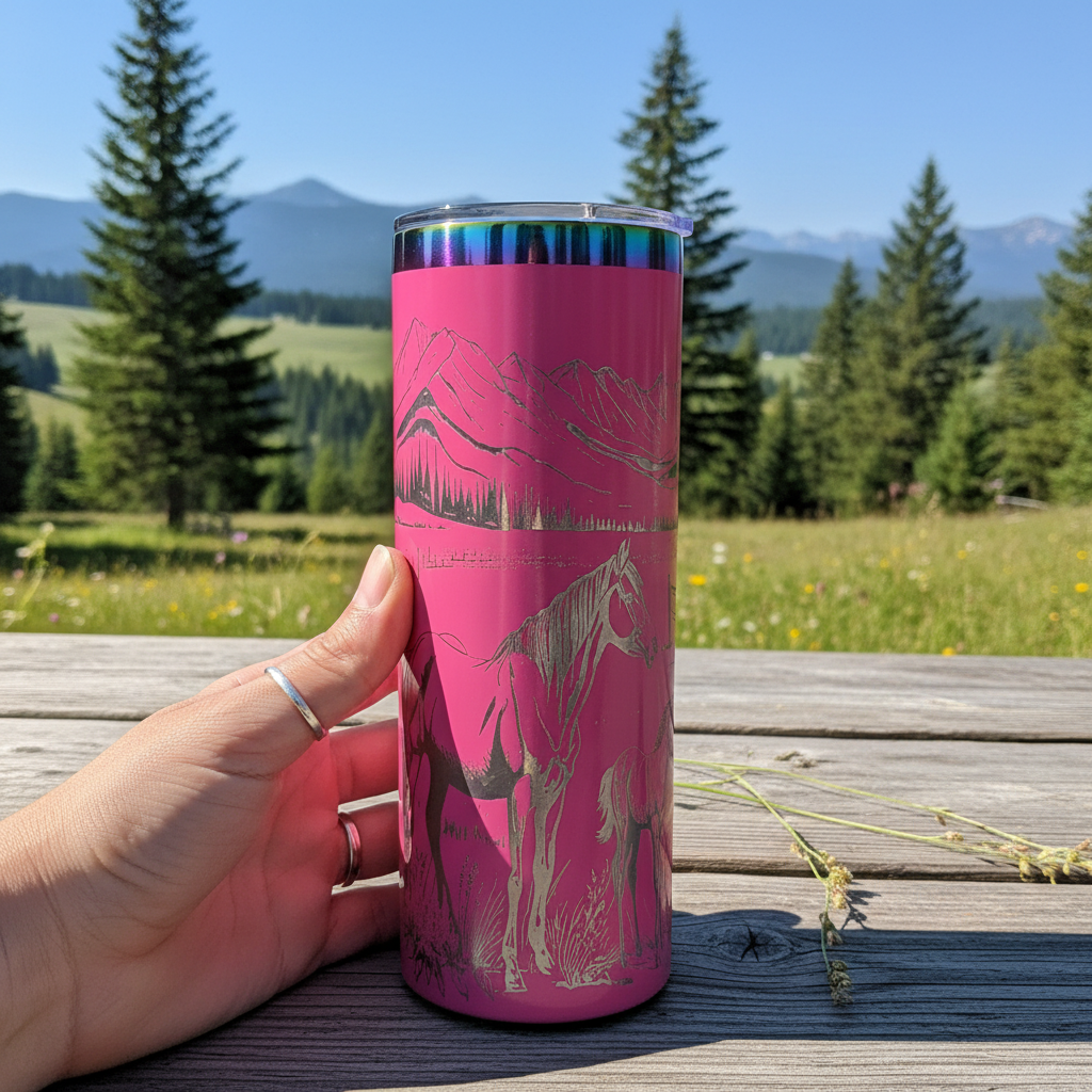 Pink rainbow rim tumbler with horse engraving - lifestyle