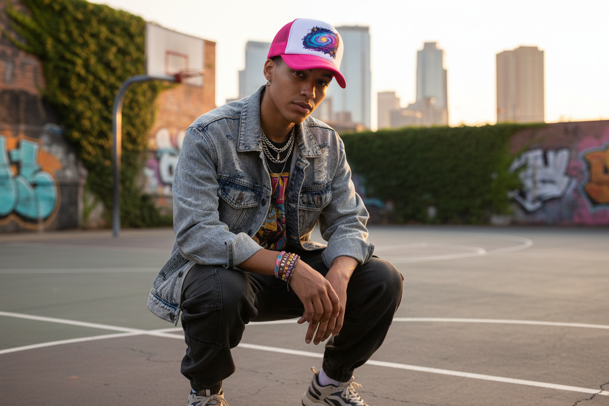 Pink trucker hat with DTF design being worn