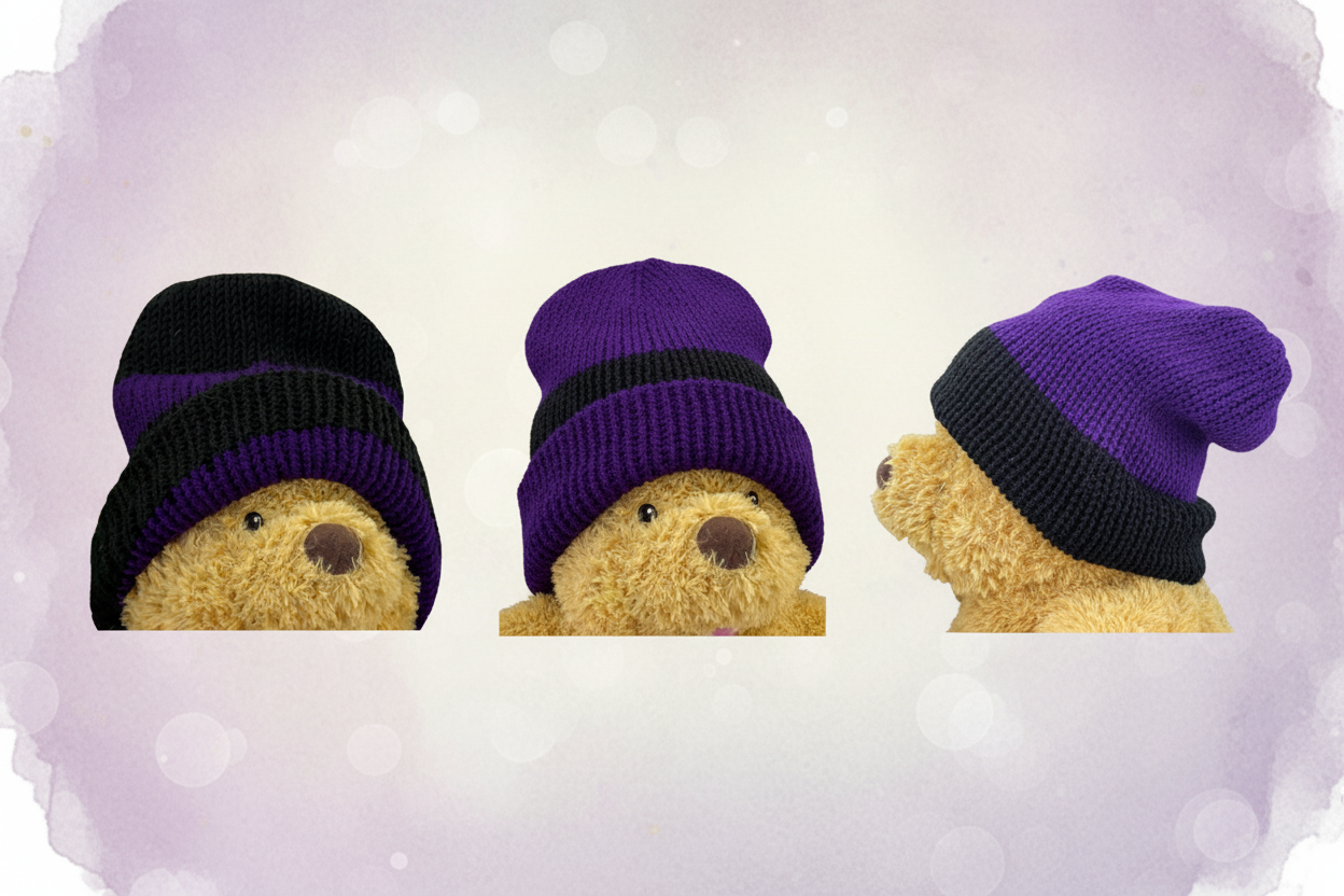 Purple and black reversible beanie collage