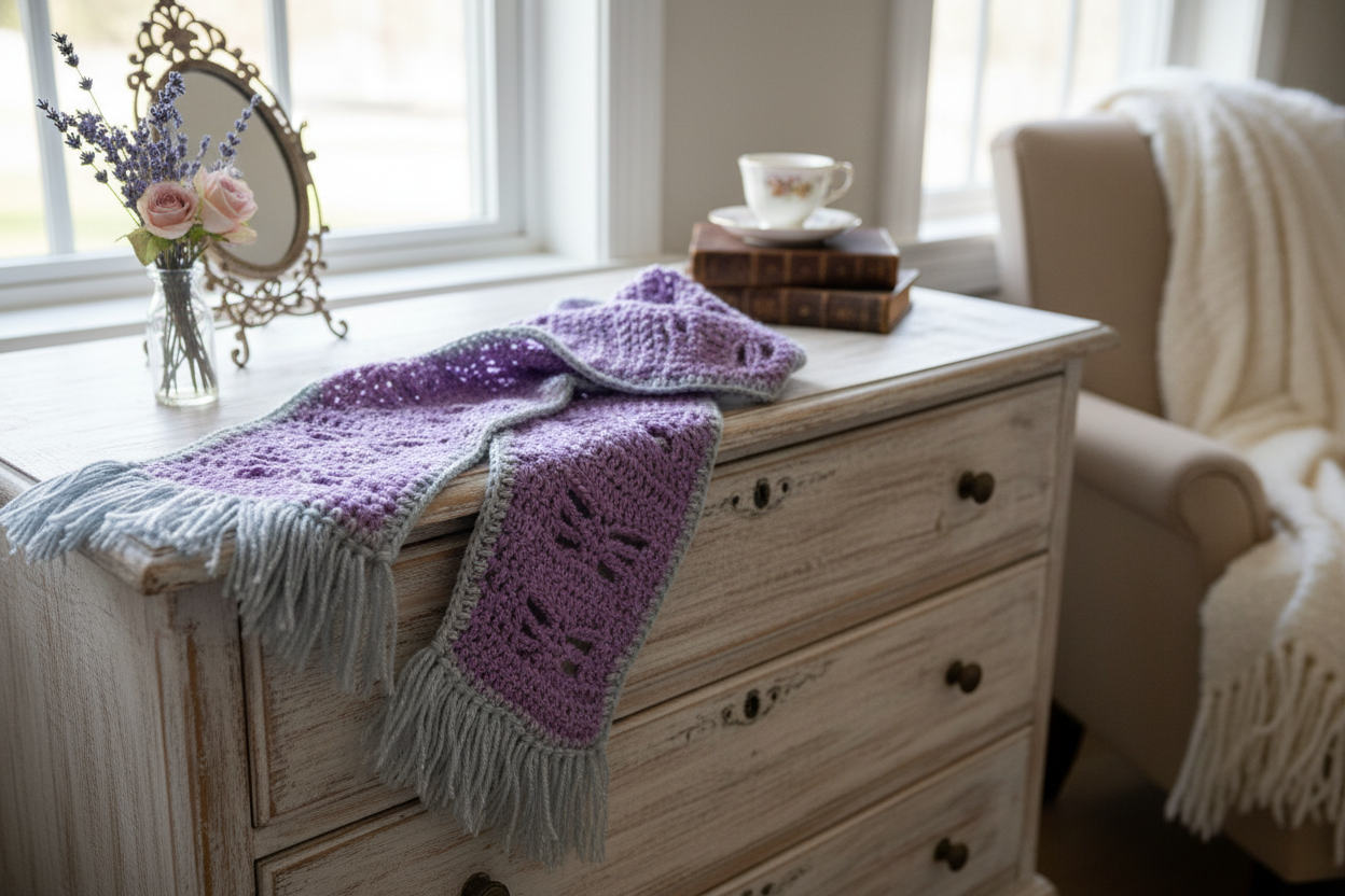Purple butterfly scarf on dresser