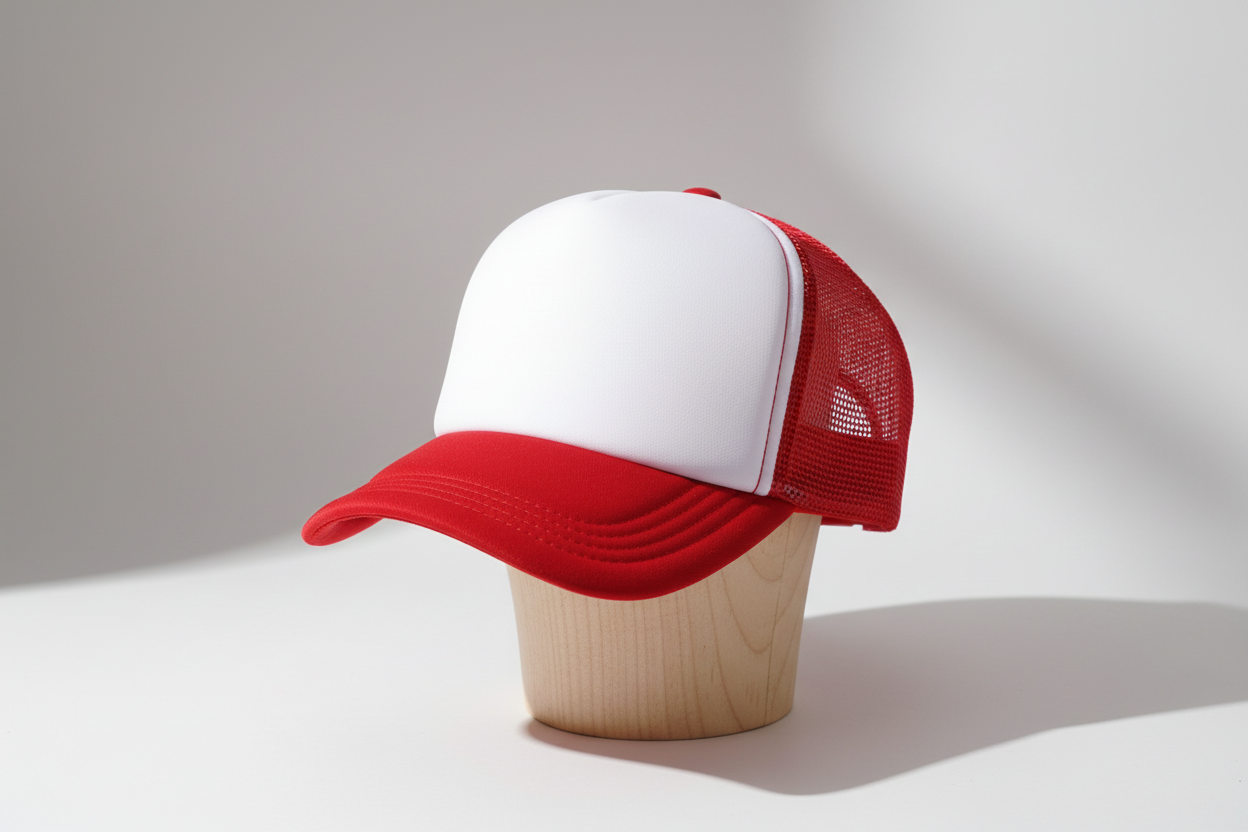 Red trucker hat with red mesh