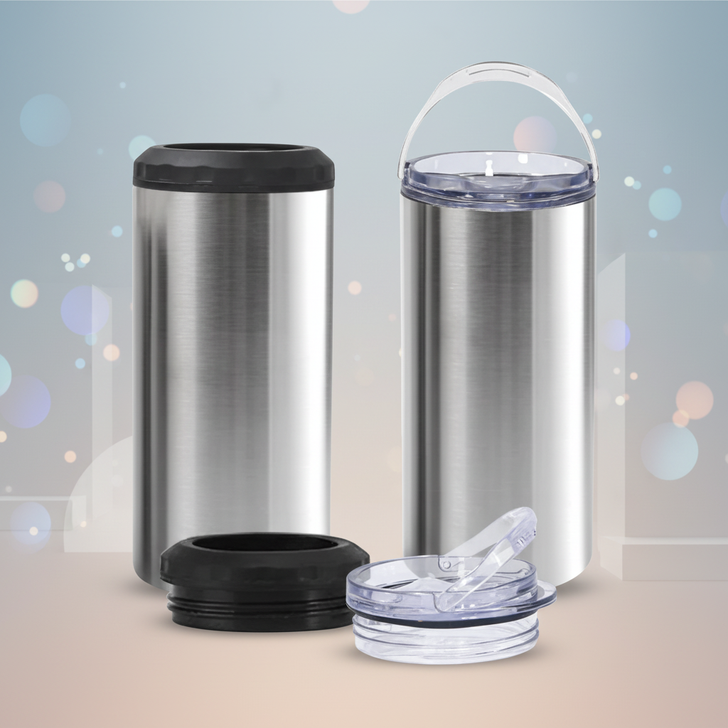 Silver 4-in-1 Can Cooler with Professional Background