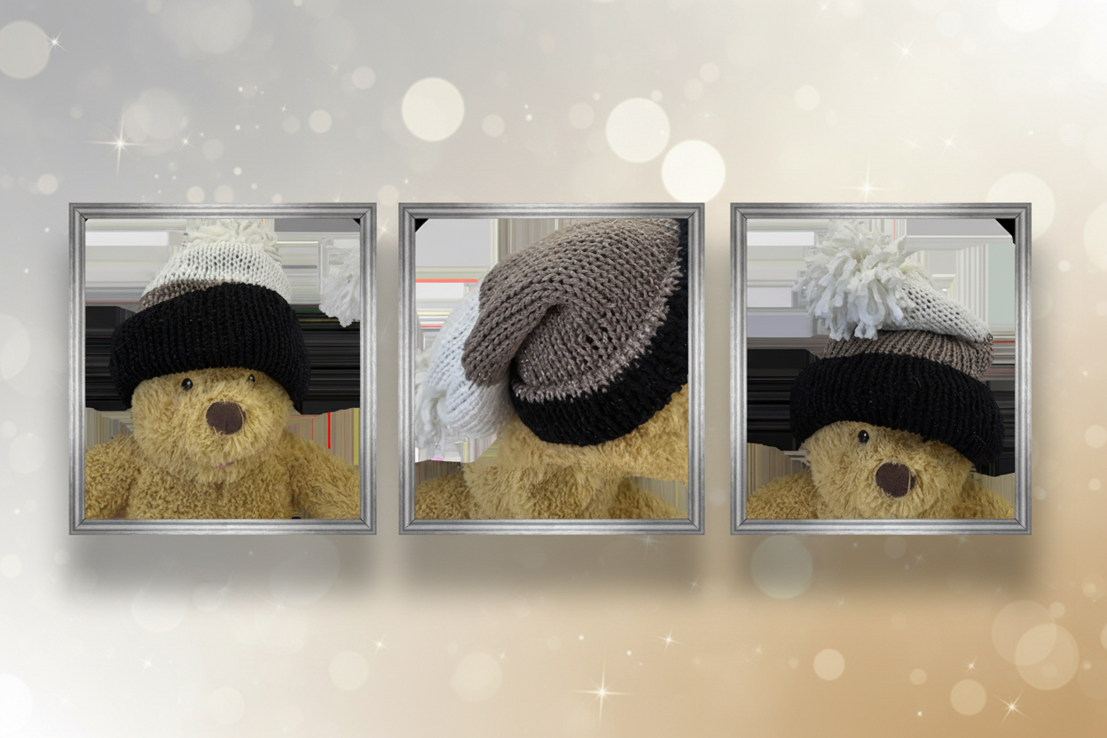 Sparkly white champagne black beanie with glow pompom collage