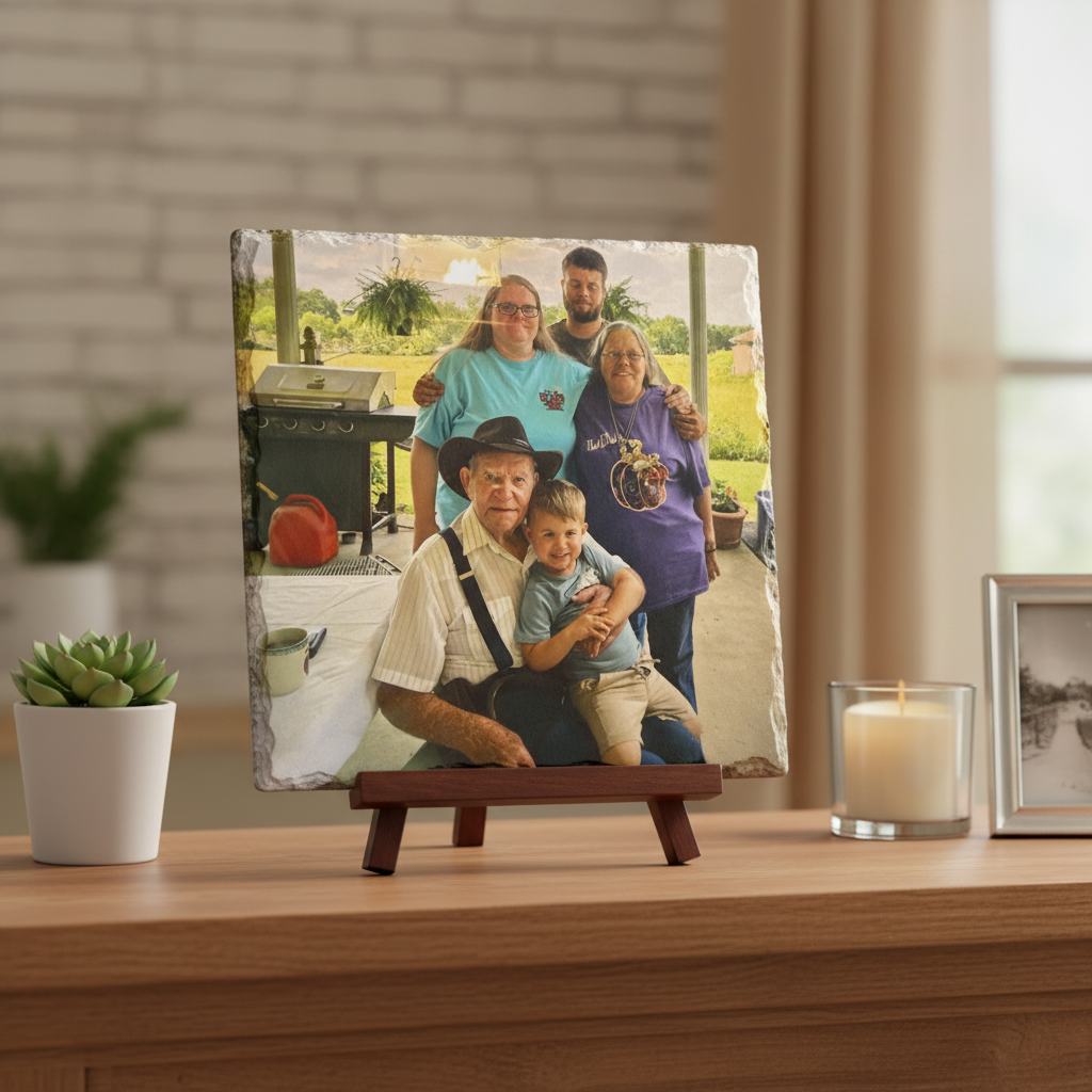 Square format photo slate on display