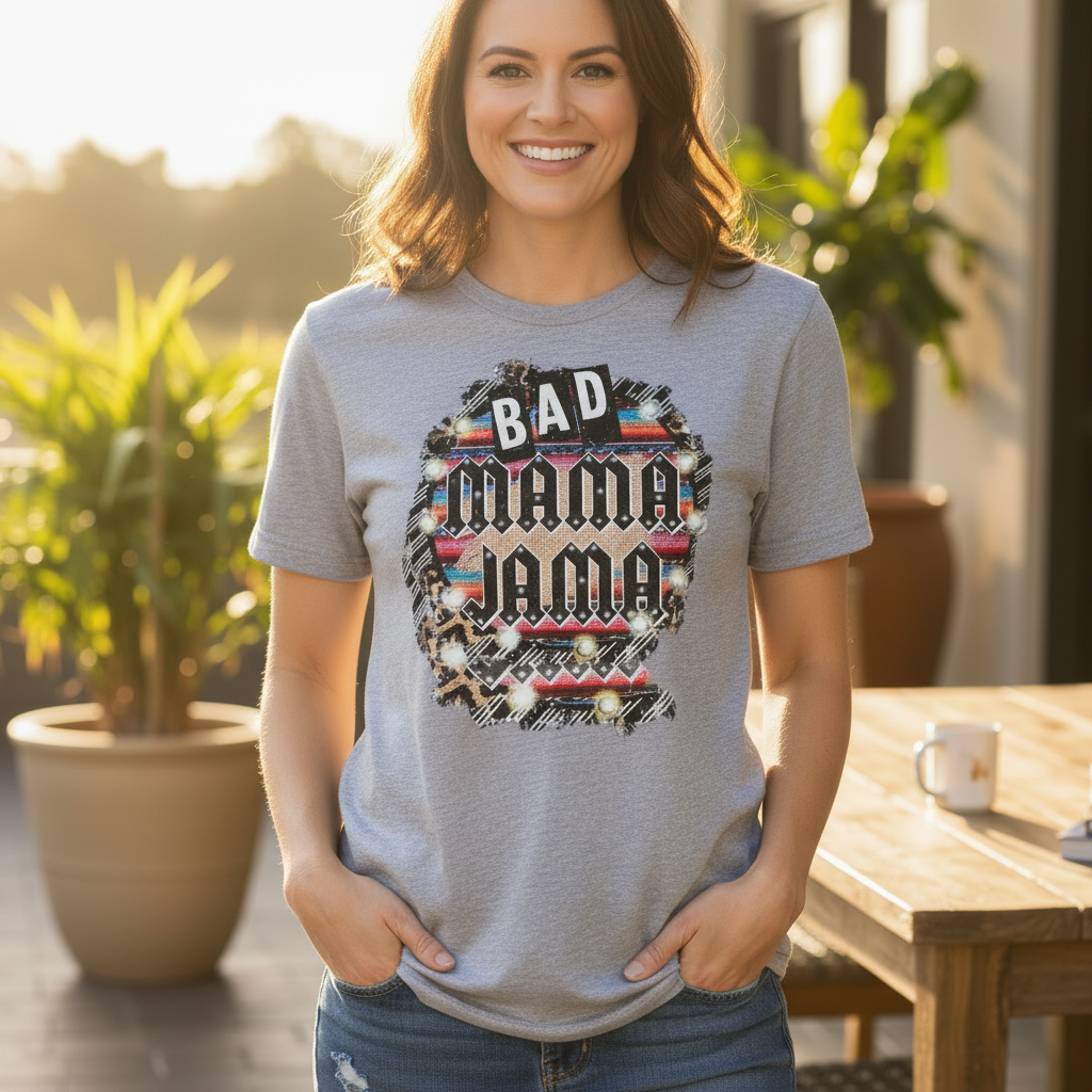 Square lifestyle photo of Bad Mama Jama t-shirt