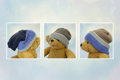Tan grey blue reversible beanie collage