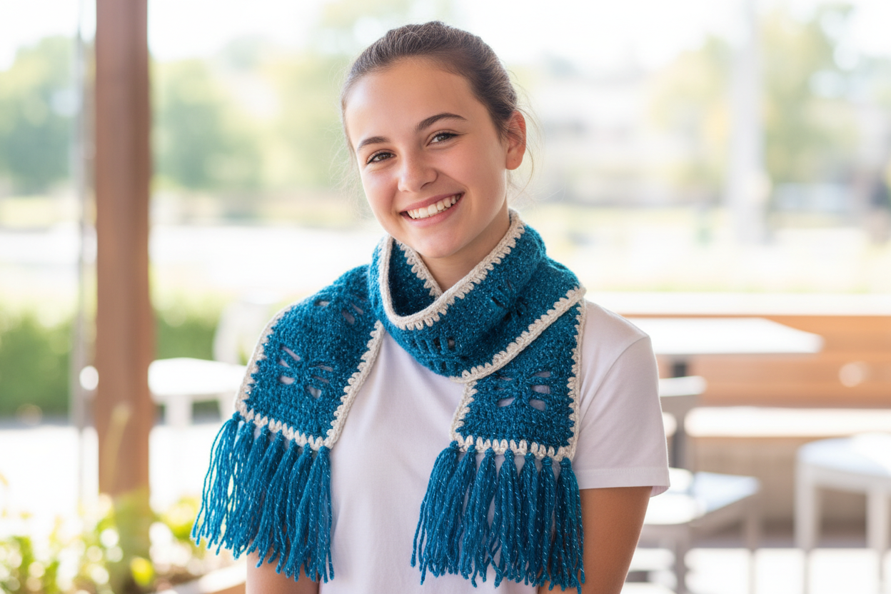 Teal butterfly scarf on teenage girl