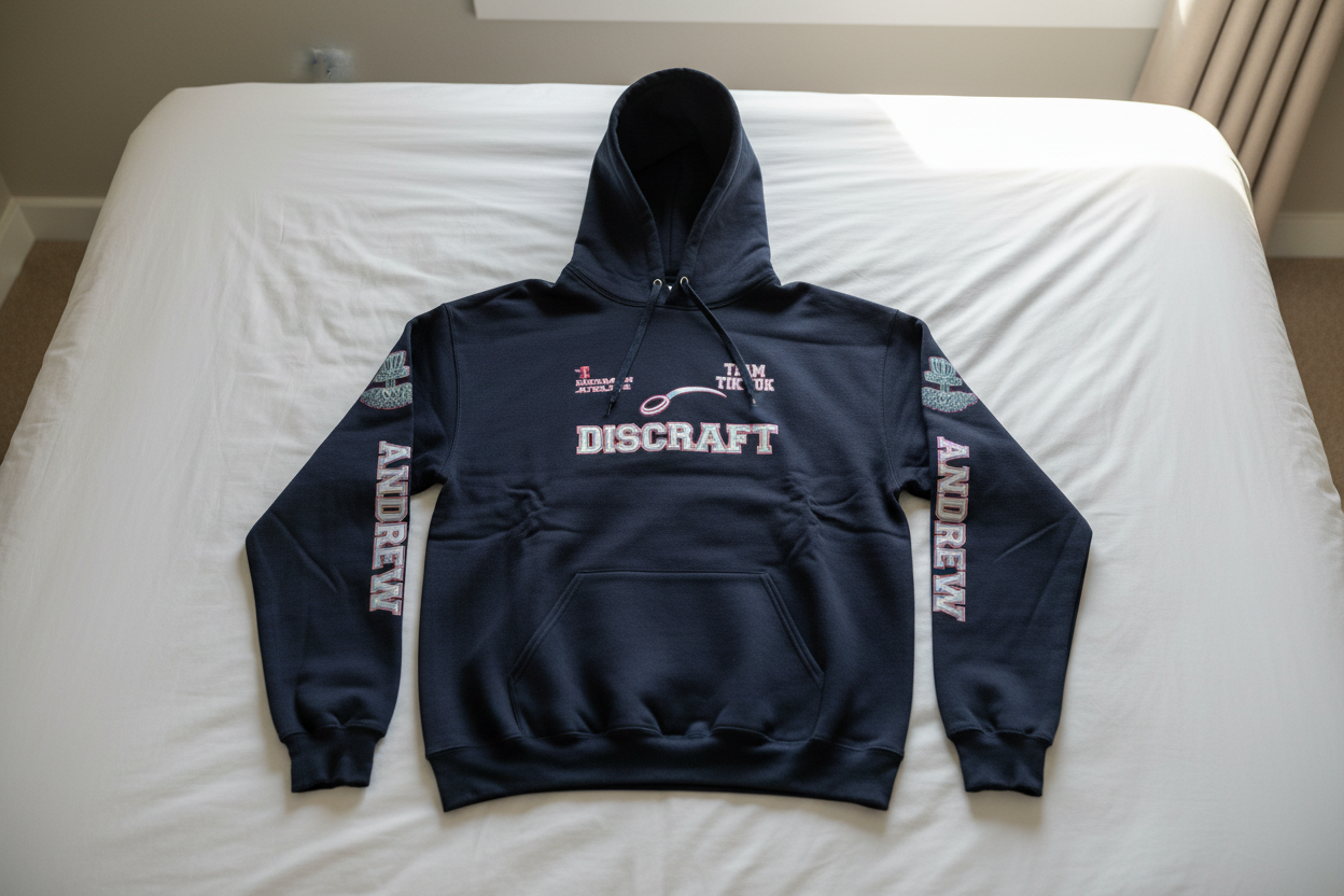 Team Tik Tok Discraft hoodie on bed