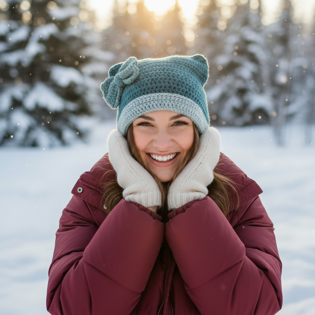 Teen wearing teal cat ear beanie with teal bow in snow
