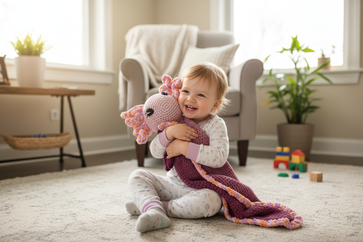 Toddler cuddling Ashla lovey