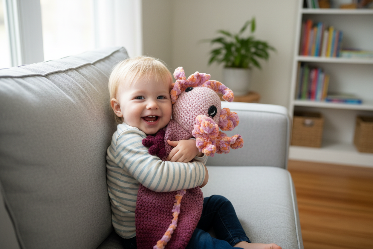 Toddler hugging Ashla lovey