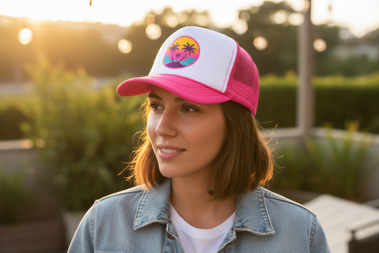 Trucker hat with pink brim and DTF design on white front