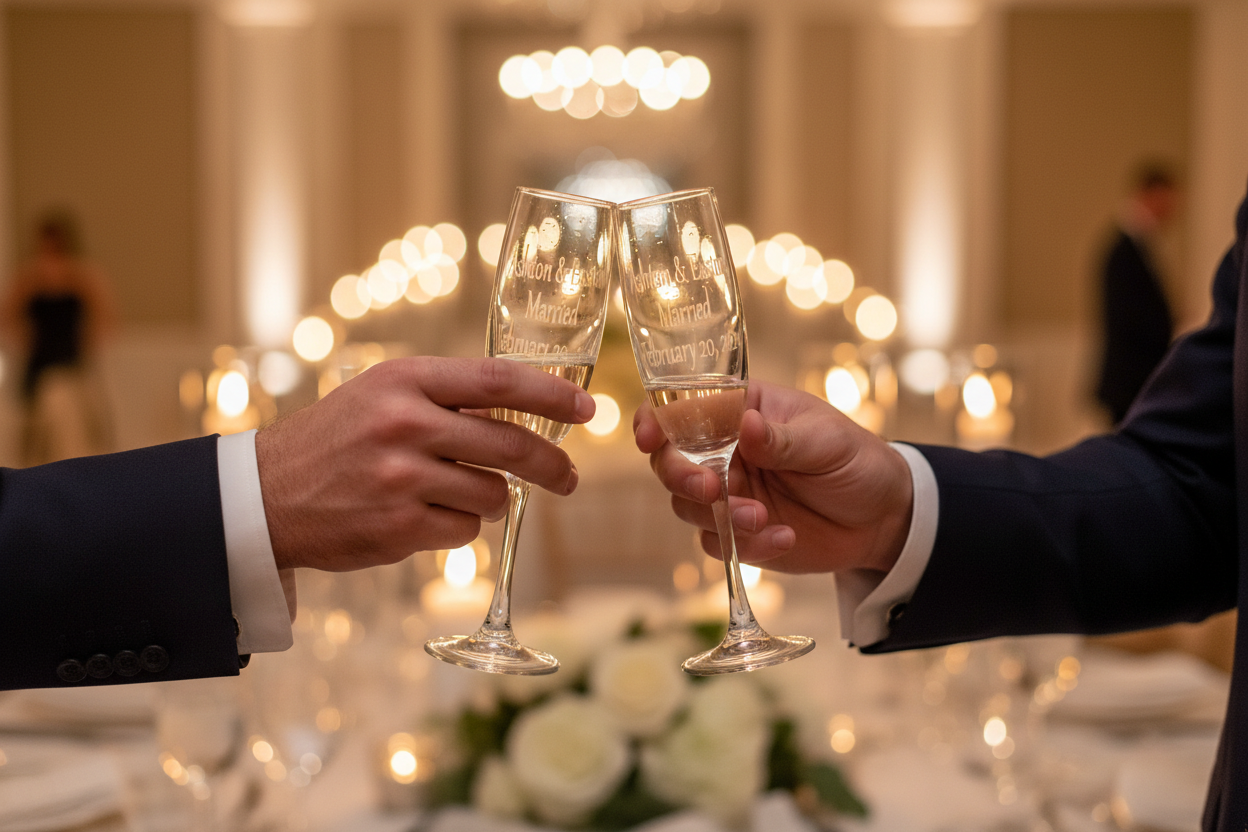 Two grooms toasting with engraved champagne flutes