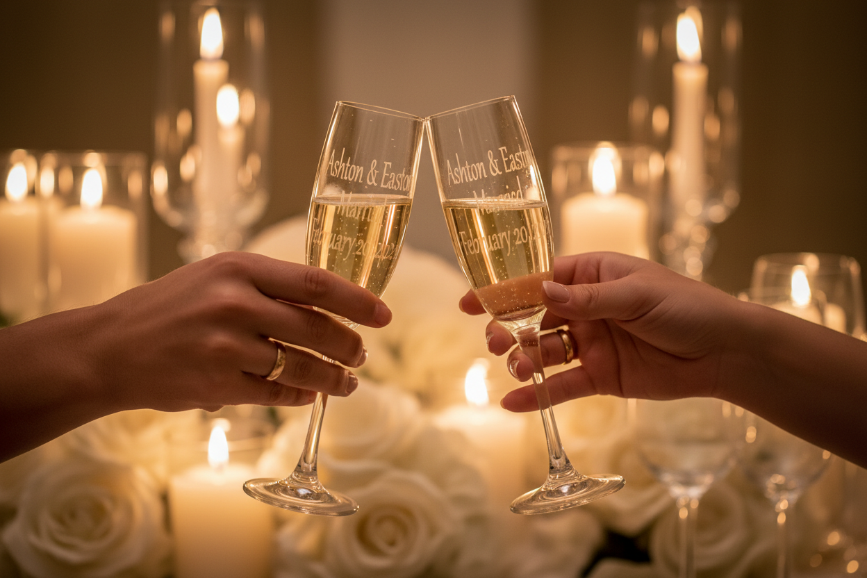 Wedding toast with engraved champagne flutes