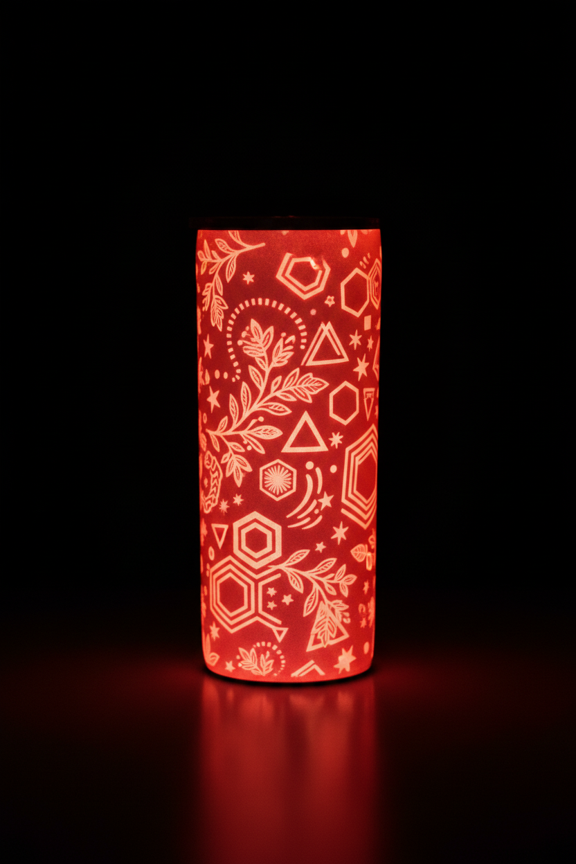 White Tumbler with Design Glowing Red in the Dark