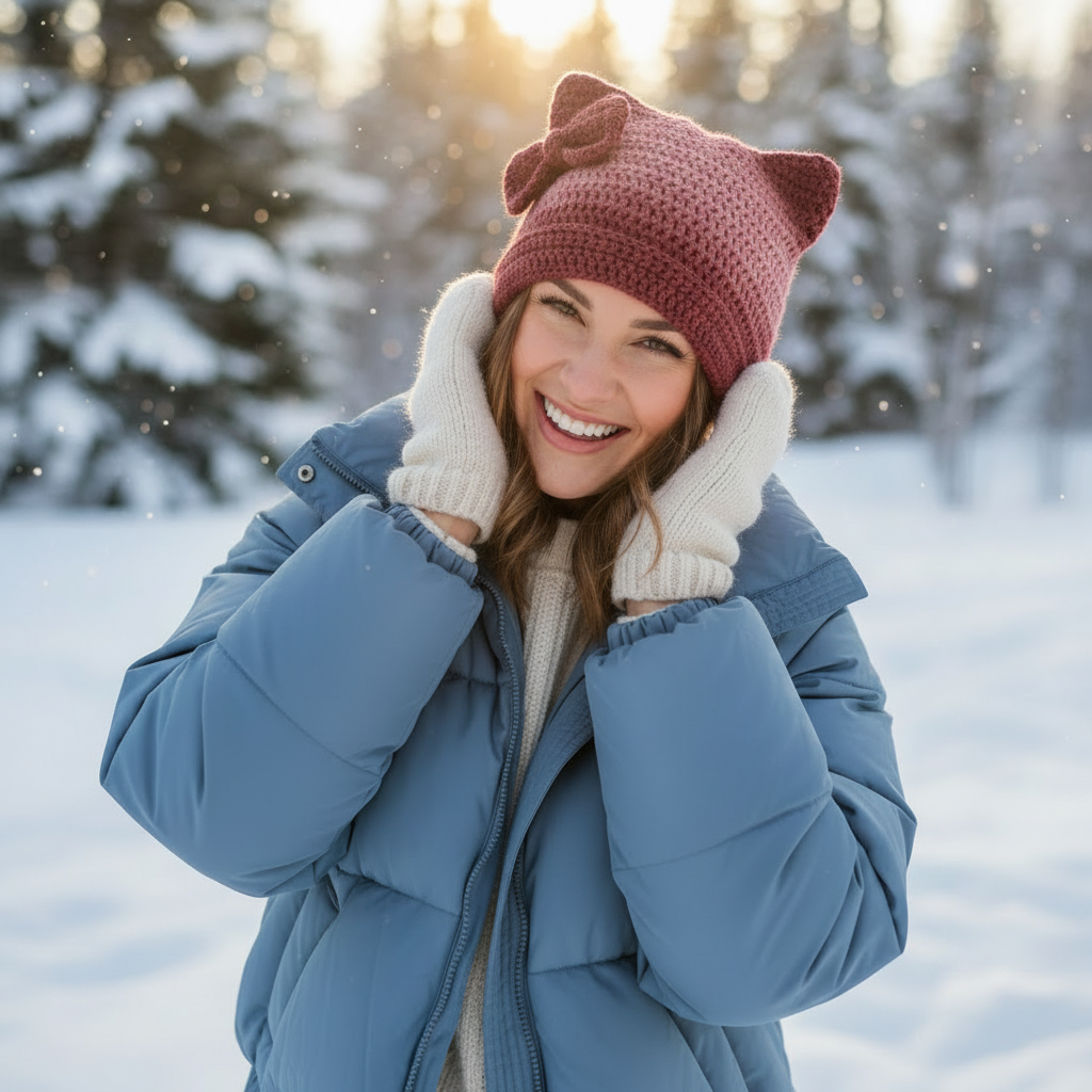 Woman wearing maroon pink cat ear beanie in snow
